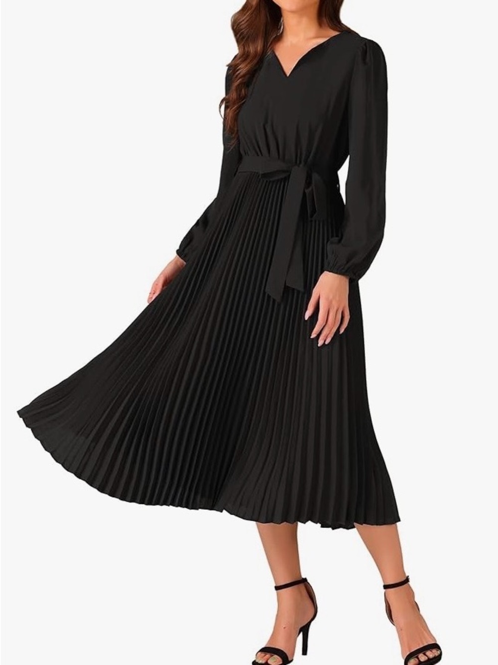 Allegra K Pleated Swing Solid Sleeveless V-Neck Long Sleeve Work Dress, Size L